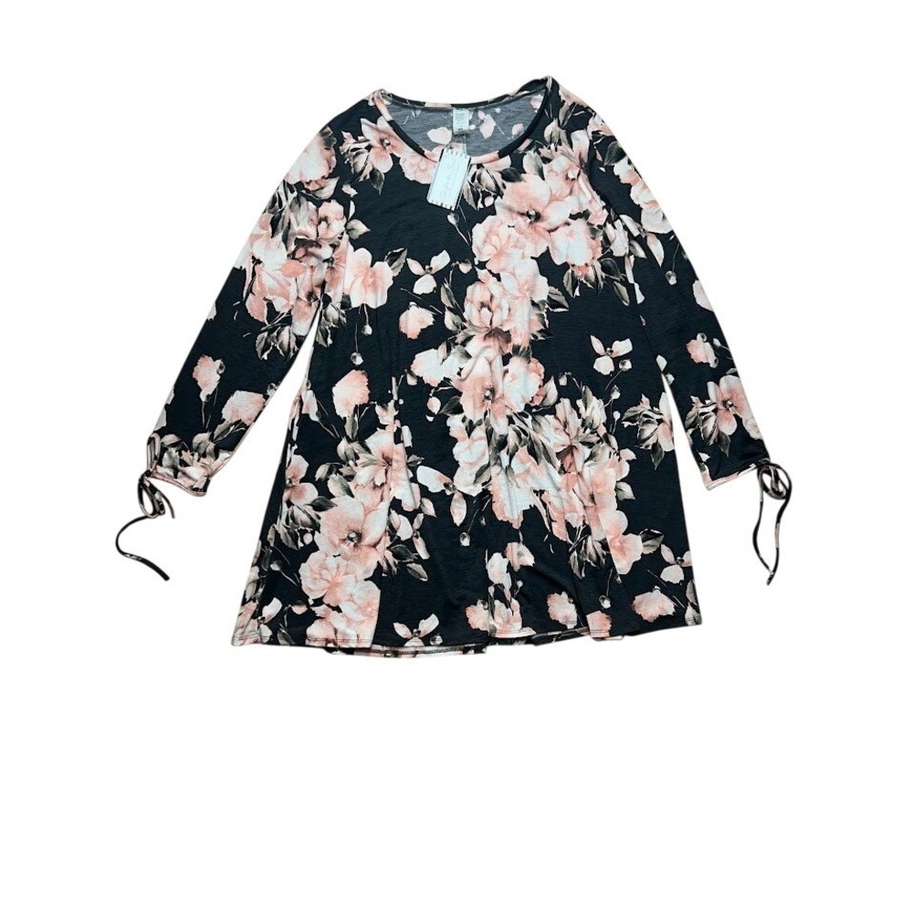 Tee for the Soul Women 3XL Floral Tunic Top Long Sleeve Tie‎  Grey Pink